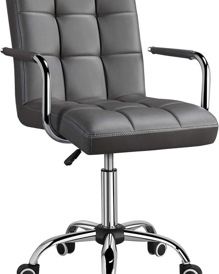Yaheetech Mid Back Desk Chair, PU Leather Office Task Chair with Armrests/Large Seat, Adjustable Chair with Wheels, Grey - LeafyLoom