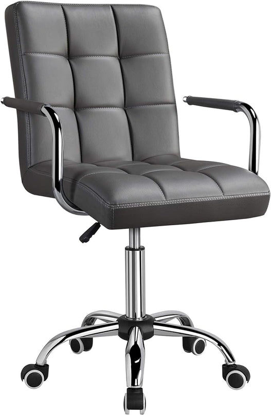 Yaheetech Mid Back Desk Chair, PU Leather Office Task Chair with Armrests/Large Seat, Adjustable Chair with Wheels, Grey - LeafyLoom