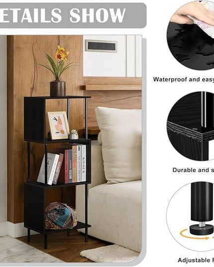 smusei 4 Tier Bookshelf for Small Spaces Narrow Black Bookcase Organizer S-Shaped Wood Corner Bookshelves for Bedroom, Study Room, Living Room and Home Office - LeafyLoom