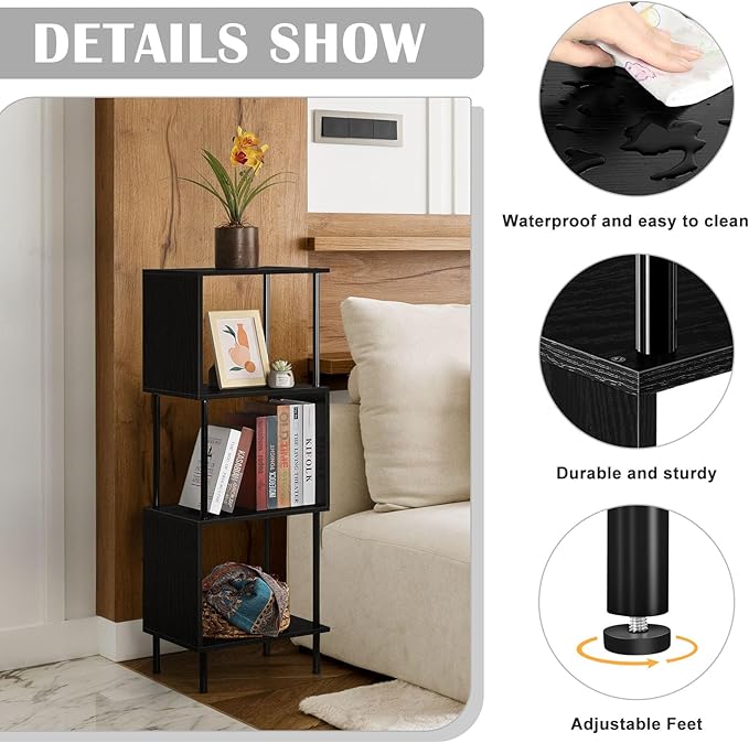 smusei 4 Tier Bookshelf for Small Spaces Narrow Black Bookcase Organizer S-Shaped Wood Corner Bookshelves for Bedroom, Study Room, Living Room and Home Office - LeafyLoom