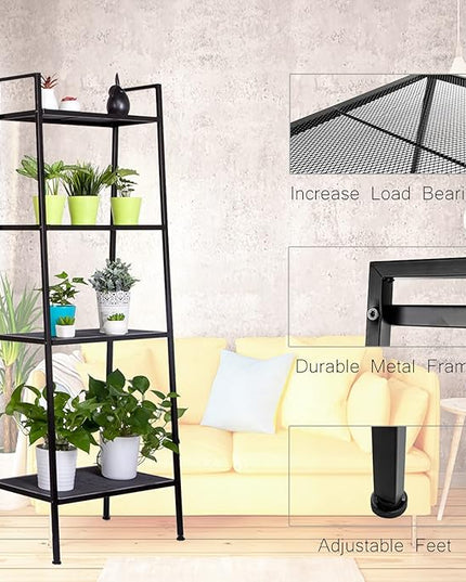 4-Tier Metal Ladder Shelf, Black Ladder Bookshelf Multifunctional Ladder-Shaped Plant Flower Stand Industrial Organizer Rack Storage Shelves for Living Room, Bedroom, Office - LeafyLoom