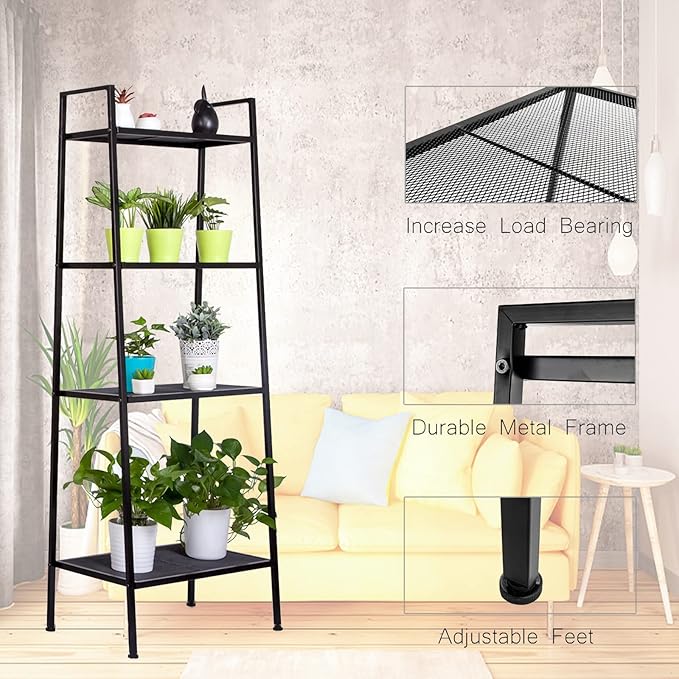 4-Tier Metal Ladder Shelf, Black Ladder Bookshelf Multifunctional Ladder-Shaped Plant Flower Stand Industrial Organizer Rack Storage Shelves for Living Room, Bedroom, Office - LeafyLoom