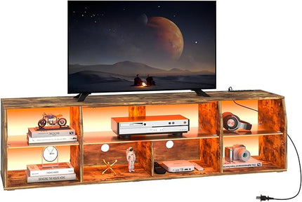 VECELO LED Gaming TV Stand with Power Outlets Television Cabinet with 7 Open Storage Shelves, Industrial Entertainment Center for Living Room and Bedroom, Light Brown, 70inch - LeafyLoom