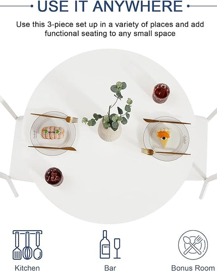 VECELO Small Round Dining Table Set for 2, Wood Tabletop with Strong Metal Frame, Modern Dinette with Chairs for Kitchen, Breakfast Nook Living Room, Solid white - LeafyLoom