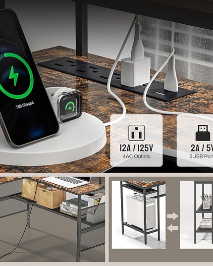 L Shaped Gaming Desk with Power Outlets & LED Lights, Computer Desk with Monitor Stand & Storage Shelves, Home Office L Shaped Desk Corner Gaming Desk, Brown - LeafyLoom