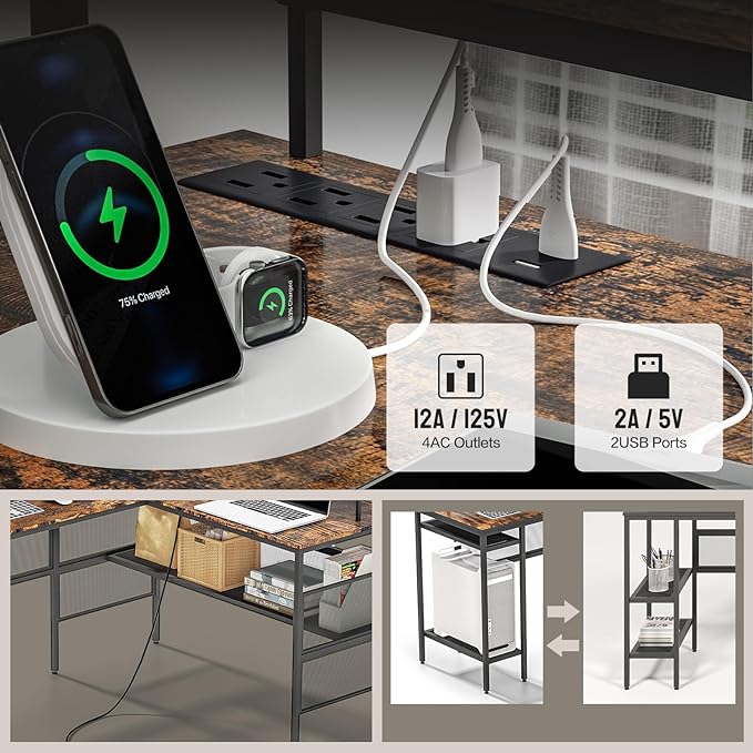 L Shaped Gaming Desk with Power Outlets & LED Lights, Computer Desk with Monitor Stand & Storage Shelves, Home Office L Shaped Desk Corner Gaming Desk, Brown - LeafyLoom