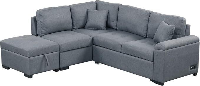 87.4“ L-Shape Sectional Sleeper Sofa with Pull out Bed Ottoman, Velvet Upholstered Couch w/Hidden Arm Storage &USB Charge, for Living Room Apartment, 87.4 Inch, Dark Gray1 - LeafyLoom