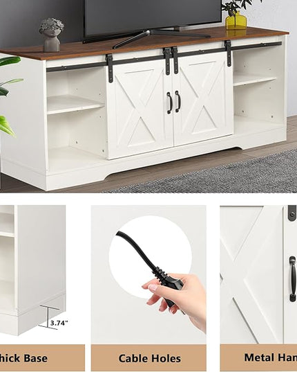 TV Stand with 2 Sliding Barn Doors, 59 Inch Television Stands with Adjustable Shelves for TVs Up to 65", Entertainment Center with Storage for Living Room, Distressed White - LeafyLoom