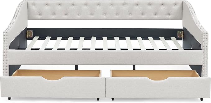 Full Size Daybed with 2 Storage Drawers,Linen Upholstered Sofa Bed W/Button on Back & Copper Nail on Waved Shape Armrests,No Spring Box Need,Wood Bedframe for Living Room Bedroom Dorm,Beige - LeafyLoom
