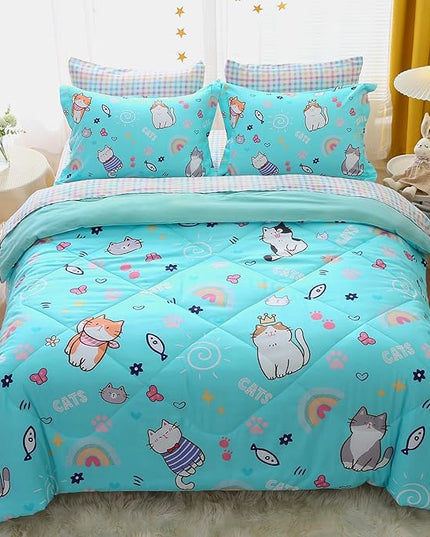 Kawaii Cats Comforter Set Twin Size for Girls Boys Kids Teens 7 Piece Cute Animal Fish Butterfly Bed in A Bag Cartoon Rainbow Star Sun Heart Bedding Set All Season Lightweight - LeafyLoom