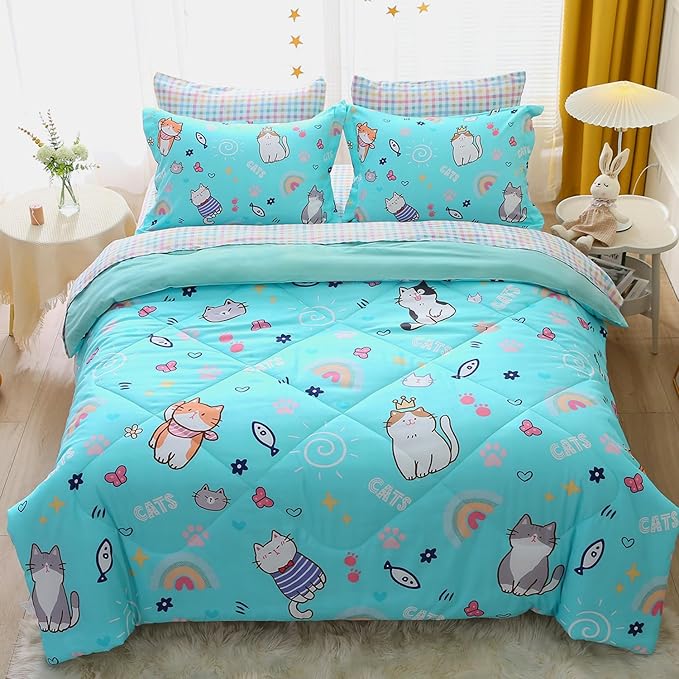 Kawaii Cats Comforter Set Twin Size for Girls Boys Kids Teens 7 Piece Cute Animal Fish Butterfly Bed in A Bag Cartoon Rainbow Star Sun Heart Bedding Set All Season Lightweight - LeafyLoom