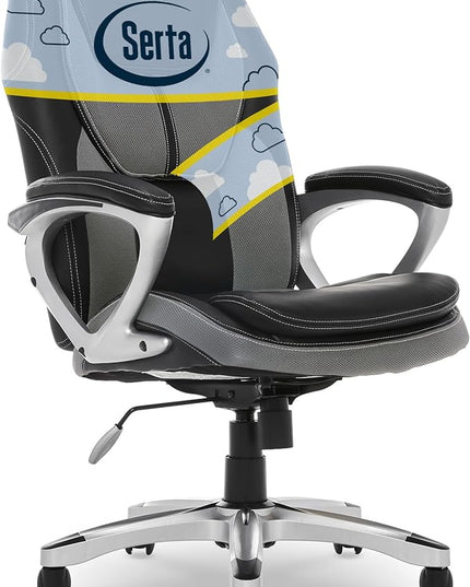 Serta Executive Office Padded Arms, Adjustable Ergonomic Gaming Desk Chair with Lumbar Support, Faux Leather and Mesh, Gray/Black - LeafyLoom
