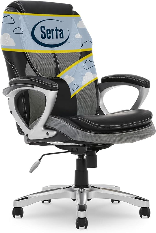 Serta Executive Office Padded Arms, Adjustable Ergonomic Gaming Desk Chair with Lumbar Support, Faux Leather and Mesh, Gray/Black - LeafyLoom