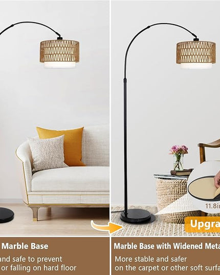 Arc Floor Lamp with Remote, Modern LED Floor Lamp with Dimmable Bulb, Boho Farmhouse Standing lamp with Fabric & Rattan Lampshades, Height Adjustable Black Tall Lamp for Living Room Bedroom - LeafyLoom