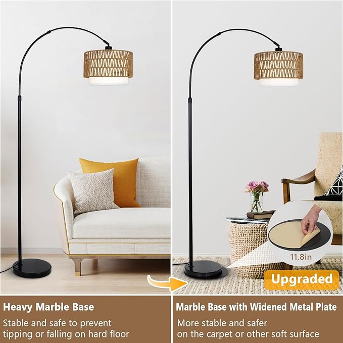 Arc Floor Lamp with Remote, Modern LED Floor Lamp with Dimmable Bulb, Boho Farmhouse Standing lamp with Fabric & Rattan Lampshades, Height Adjustable Black Tall Lamp for Living Room Bedroom - LeafyLoom