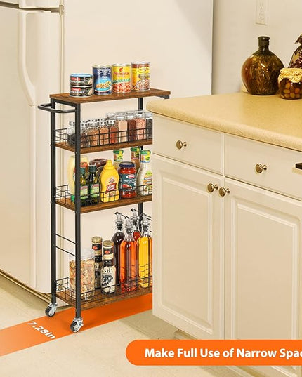 YBING Slim Storage Cart 4 Tier Kitchen Rolling Cart on Wheels Mobile Narrow Cart with Wooden Tabletop Slide Out Utility Cart for Bathroom Laundry Narrow Places Rustic Brown 16.5''L X 7.3''W X 34.6''H - LeafyLoom