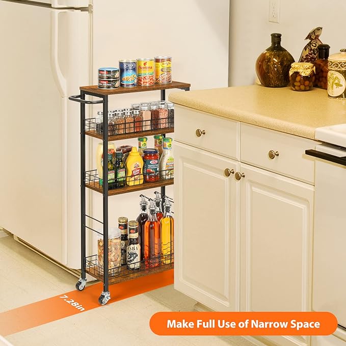 YBING Slim Storage Cart 4 Tier Kitchen Rolling Cart on Wheels Mobile Narrow Cart with Wooden Tabletop Slide Out Utility Cart for Bathroom Laundry Narrow Places Rustic Brown 16.5''L X 7.3''W X 34.6''H - LeafyLoom