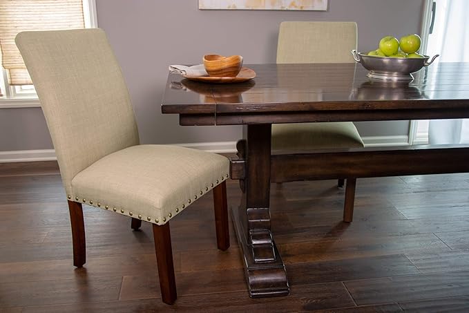 Homepop Home Decor | Classic Upholstered Parsons Dining Chairs | Set of 2 Accent Dining Chairs with Nailhead Trim, Natural Linen - LeafyLoom