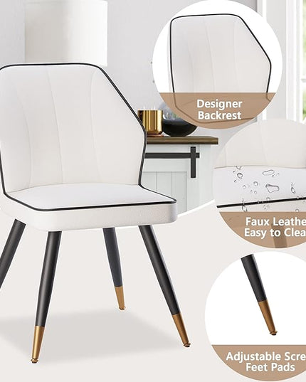 White Faux Leather Dining Chairs Set of 2, Modern Upholstered Accent Kitchen Dining Room Chairs Armless Side Chairs with Metal Legs - LeafyLoom