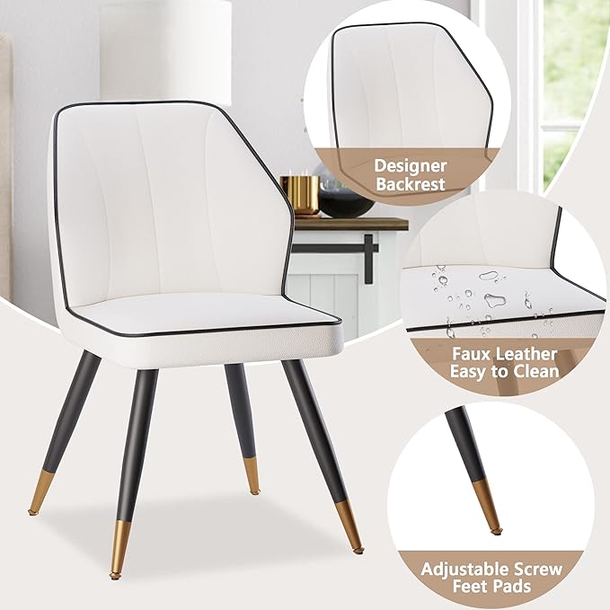White Faux Leather Dining Chairs Set of 2, Modern Upholstered Accent Kitchen Dining Room Chairs Armless Side Chairs with Metal Legs - LeafyLoom