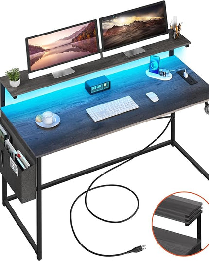 Yoobure Computer Desk with Power Outlets Fast Charging Type-C Included, Gaming Desk with LED Lights, 47" Office Desk with Adjustable Monitor Stand, Small Desk Home Office Desks with Storage Bag & Hook - LeafyLoom