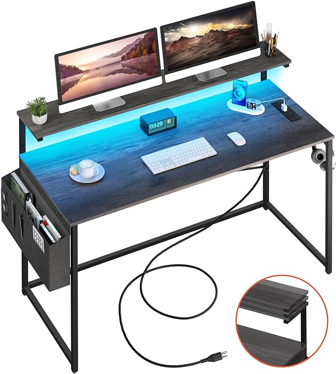 Yoobure Computer Desk with Power Outlets Fast Charging Type-C Included, Gaming Desk with LED Lights, 47" Office Desk with Adjustable Monitor Stand, Small Desk Home Office Desks with Storage Bag & Hook - LeafyLoom