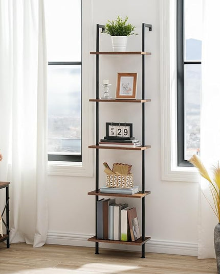 HOOBRO DIY Ladder Shelf, 5-Tier Wooden Wall Mounted Bookshelf, Narrow Bookcase, Display Shelf, Storage Rack, Plant Stand, for Living Room, Bedroom, Study, Balcony, Rustic Brown and Black BF531CJ01 - LeafyLoom