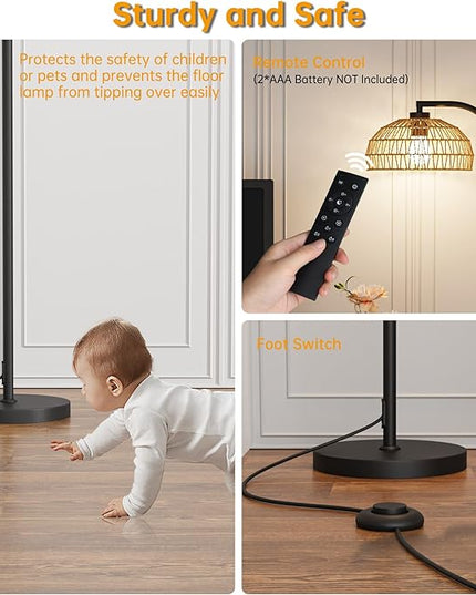 Boho Floor Lamp for Living Room,Rattan Floor Lamps with Remote,3 Color Temperature and Stepless Dimmable,Farmhouse Standing Lamps for Bedroom,Office with Handmade Lampshade,12W Smart Bulb Included - LeafyLoom