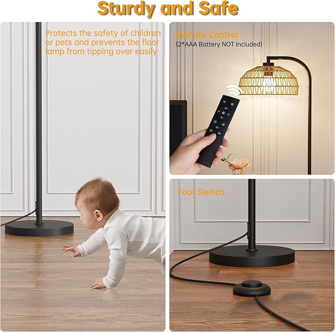 Boho Floor Lamp for Living Room,Rattan Floor Lamps with Remote,3 Color Temperature and Stepless Dimmable,Farmhouse Standing Lamps for Bedroom,Office with Handmade Lampshade,12W Smart Bulb Included - LeafyLoom