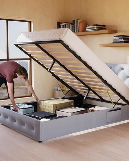 Queen Lift Up Storage Bed Frame, Button Tufted Wingback Headboard with USB Ports,Hydraulic Storage, Wood Slats Support, No Box Spring Needed, Noise-Free - LeafyLoom
