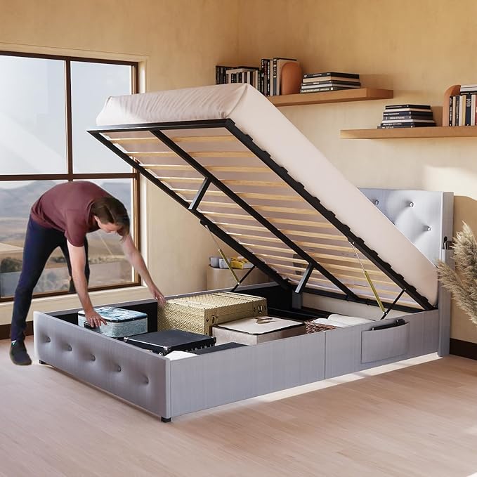 Queen Lift Up Storage Bed Frame, Button Tufted Wingback Headboard with USB Ports,Hydraulic Storage, Wood Slats Support, No Box Spring Needed, Noise-Free - LeafyLoom