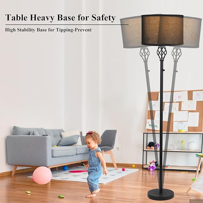 Dimmable Floor lamp, Floor Lamps for Living Room, Modern Standing Lamp with Black Linen Shade, Rotary Switch, 10W LED Bulb(1000LM, 2700K), Reading Tall Floor Lamp for Bedroom Office Dinning Room - LeafyLoom