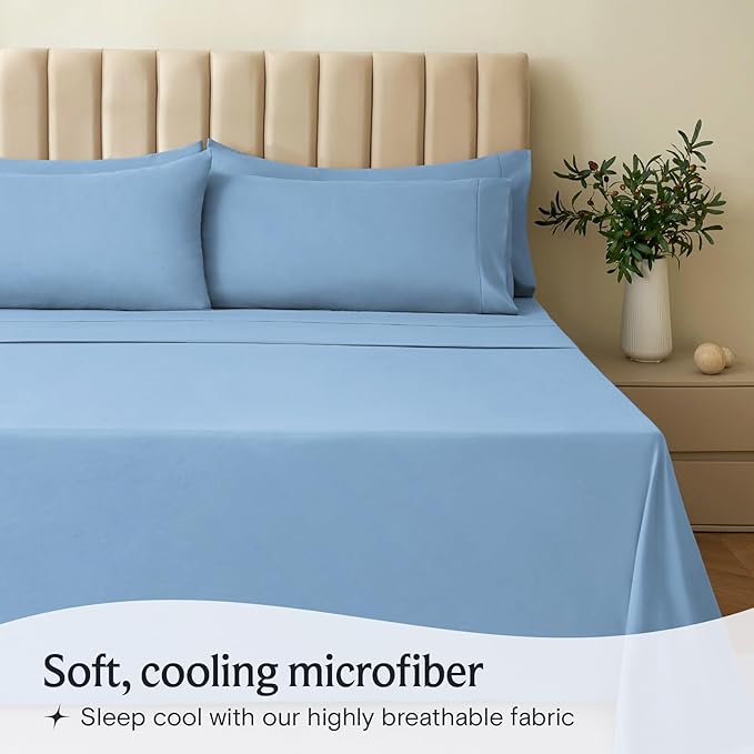 LuxClub 7 PC Split King Sheet Set, Breathable Luxury Bed Sheets, Deep Pockets 18" Eco Friendly Wrinkle Free Cooling Sheets Machine Washable Hotel Bedding Silky Soft - Sky Split King - LeafyLoom
