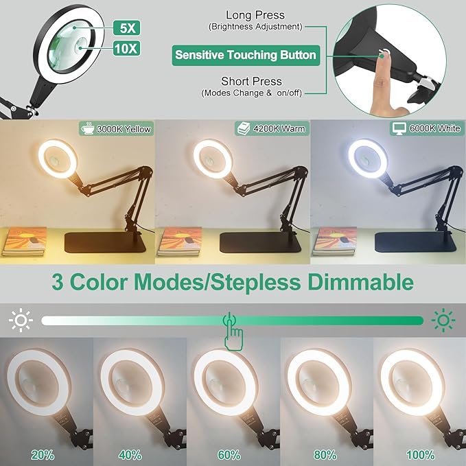 5X & 10X Magnifying Glass with Light and Stand, NAKOOS 2-in-1 Magnifying Lamp with Clamp, 3 Color Modes Touch Control Stepless Dimmable Magnifiers with Stand for Soldering DIY and Close Work - LeafyLoom