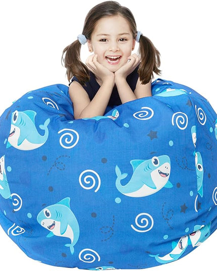 Stuffed Animal Storage Bean Bag Chair Cover, Hold Kids Plush Toys Blankets Towels Beanbag (Cover Only), Canvas Floor Circle Stuff Sit Seat Sofa with YKK Zipper, Extra Large 38", Blue Shark - LeafyLoom