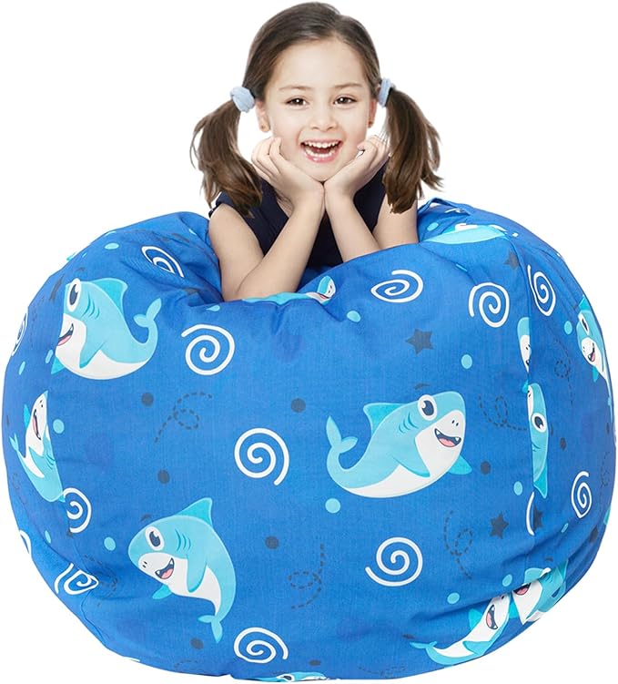 Stuffed Animal Storage Bean Bag Chair Cover, Hold Kids Plush Toys Blankets Towels Beanbag (Cover Only), Canvas Floor Circle Stuff Sit Seat Sofa with YKK Zipper, Extra Large 38", Blue Shark - LeafyLoom