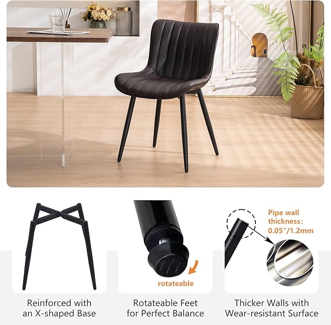 YOUNUOKE Brown Dining Chairs Set of 2 Upholstered Mid Century Modern Kitchen Chairs Armless Faux Leather Accent Guest Side Chair with Back Metal Legs for Living Reception Waiting Room Bedroom - LeafyLoom