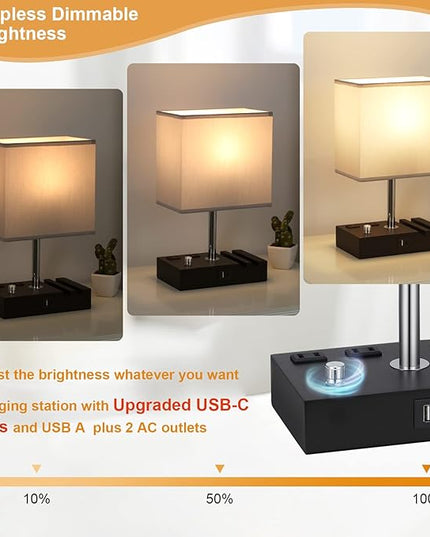 Kakanuo Table Lamp for Bedroom with Dual USB Ports, Grey Fully Dimmable Bedside Lamp with Phone Stands and 2 Charging Outlets, Desk Lamp for Nightstand and Living Room, LED Bulb Included - LeafyLoom