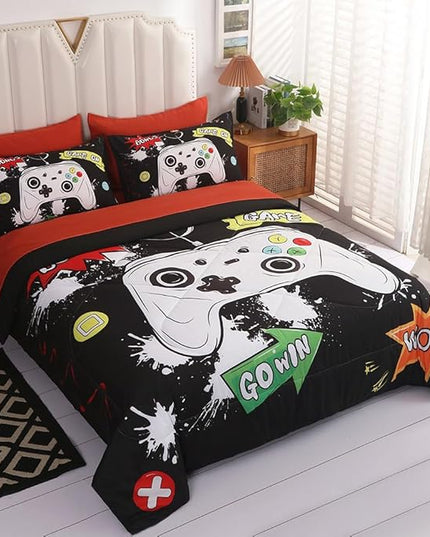 Wajade Kids Game Comforter Set Bed in A Bag Queen Size 7 Piece 3D Colorful Video Game Controller Bedding Set for Boys Girls (1 Comforter, 1 Flat Sheet, 1 Fitted Sheet, 2 Pillowcase and 2 Pillow Sham) - LeafyLoom