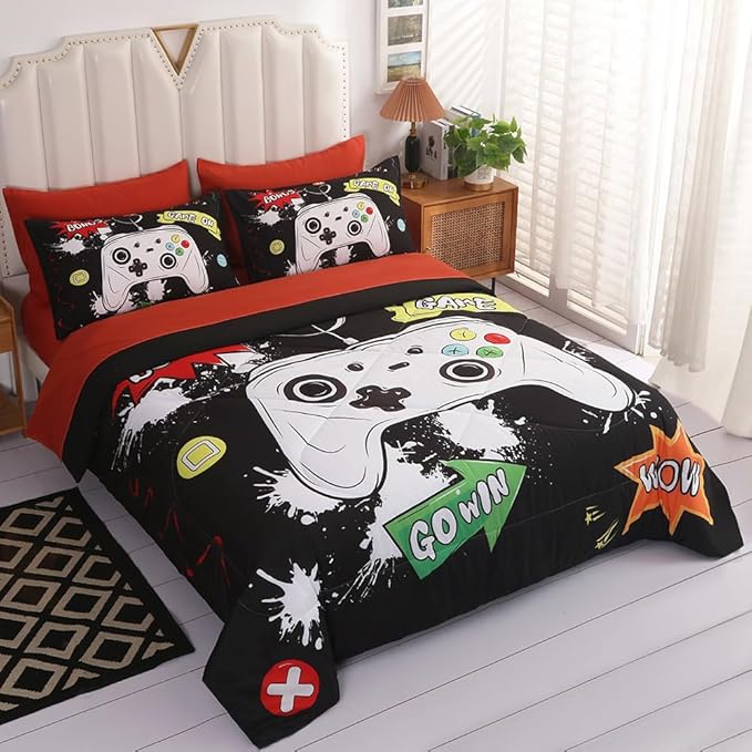 Wajade Kids Game Comforter Set Bed in A Bag Twin Size 7 Piece 3D Colorful Video Game Controller Bedding Set for Boys Girls (1 Comforter, 1 Flat Sheet, 1 Fitted Sheet, 2 Pillowcase and 2 Pillow Sham) - LeafyLoom