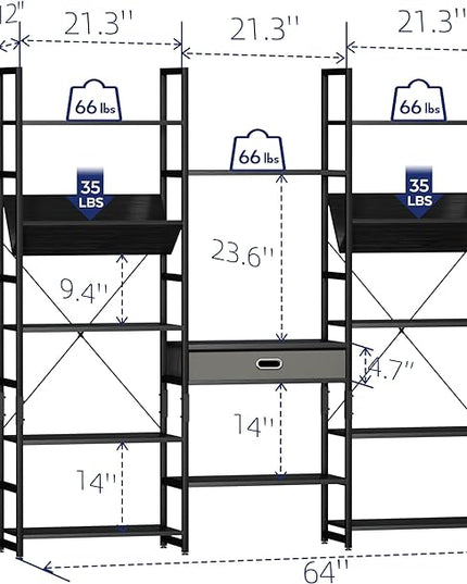 NUMENN Triple Wide 5 Tier Bookshelf, Adjustable Rustic Industrial Style Book Shelves, Modern Bookcases and Bookshelves Furniture for Bedroom, Living Room and Home Office, Elegant Black - LeafyLoom
