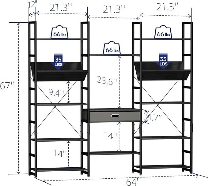 NUMENN Triple Wide 5 Tier Bookshelf, Adjustable Rustic Industrial Style Book Shelves, Modern Bookcases and Bookshelves Furniture for Bedroom, Living Room and Home Office, Elegant Black - LeafyLoom
