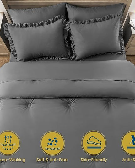 Twin Bed in a Bag 5 Pieces Comforter Set Twin, Ruffle Shabby Chic Bedding Comforter Set Dark Grey Bed Set with Comforter, Pillowcase, Flat Sheet, Fitted Sheet and Pillow Sham - LeafyLoom