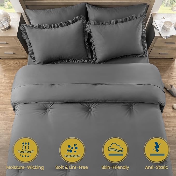 Twin Bed in a Bag 5 Pieces Comforter Set Twin, Ruffle Shabby Chic Bedding Comforter Set Dark Grey Bed Set with Comforter, Pillowcase, Flat Sheet, Fitted Sheet and Pillow Sham - LeafyLoom