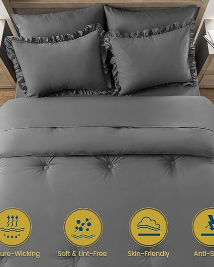 Full Bed in a Bag 7 Pieces Full Size Comforter Set, Ruffle Shabby Chic Bedding Comforter Set Dark Grey Bed Set with Comforter, Pillowcases, Flat Sheet, Fitted Sheet and Pillow Shams - LeafyLoom