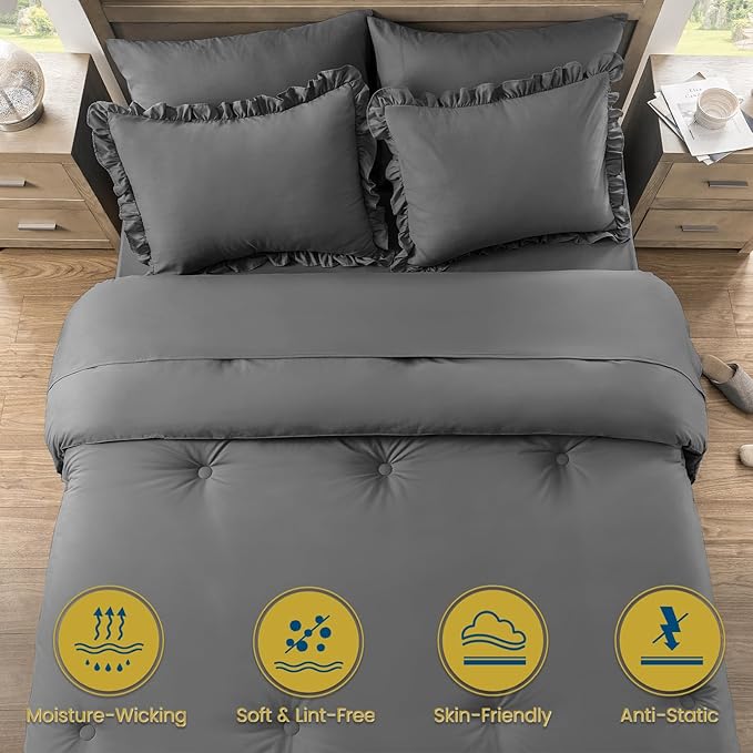 Full Bed in a Bag 7 Pieces Full Size Comforter Set, Ruffle Shabby Chic Bedding Comforter Set Dark Grey Bed Set with Comforter, Pillowcases, Flat Sheet, Fitted Sheet and Pillow Shams - LeafyLoom
