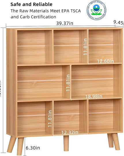 LEYAOYAO Wooden 8 Cube Book Shelf, Natural 3 Tier Bookshelf with Legs, Modern Open Storage Organizer,Boho Bookcase,Display Cabinet Shelf Free Standing Bookshelves for Bedroom,Living Room,Office - LeafyLoom
