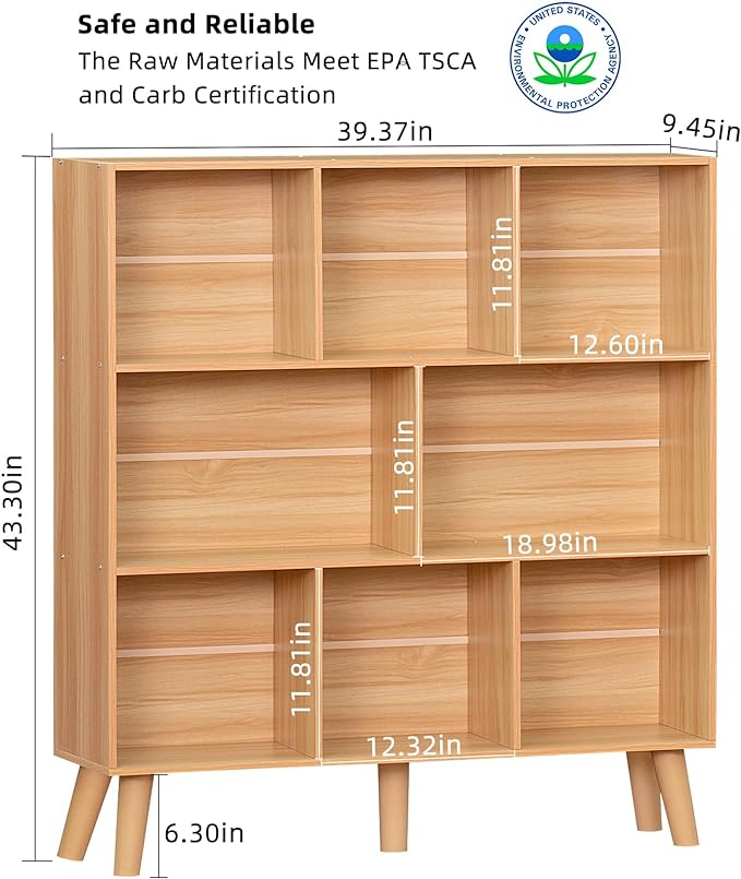 LEYAOYAO Wooden 8 Cube Book Shelf, Natural 3 Tier Bookshelf with Legs, Modern Open Storage Organizer,Boho Bookcase,Display Cabinet Shelf Free Standing Bookshelves for Bedroom,Living Room,Office - LeafyLoom