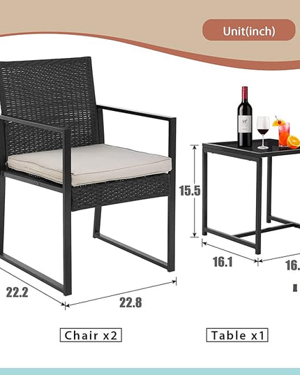 FDW Wicker Patio Furniture 3 Piece Patio Set Chairs Bistro Set Outdoor Rattan Conversation Set for Backyard Porch Poolside Lawn - LeafyLoom