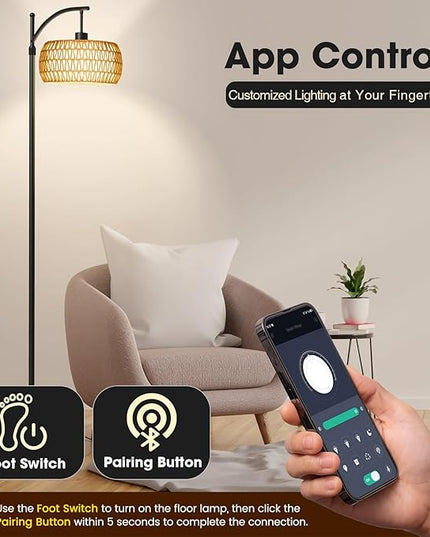 Arc Floor Lamp with Remote & App Control, 10 Color Modes, 10 Dimmable Brightness, Boho Tall Standing Lamps with LED Smart Bulb, Rattan & Fabric Double Drum Shade for Living Room Bedroom Office - LeafyLoom